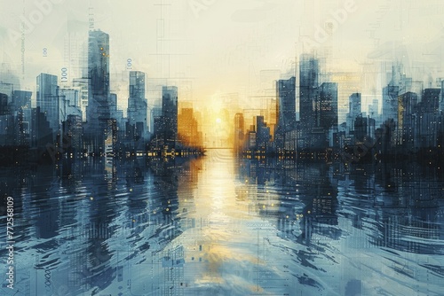 Abstract portrayal of a river flowing through a cityscape made of financial charts, on an economic fluidity background, concept for liquidity in urban finance.