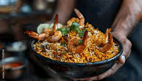 Picture a plate of fragrant biryani being served each grain of rice infused with aromatic spices an Generative AI
