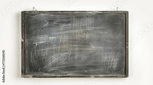 Empty textured chalkboard isolated on white background. Blackboard for writing