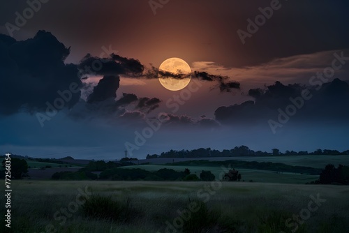 Full moon peeks through dark clouds, casting an eerie glow