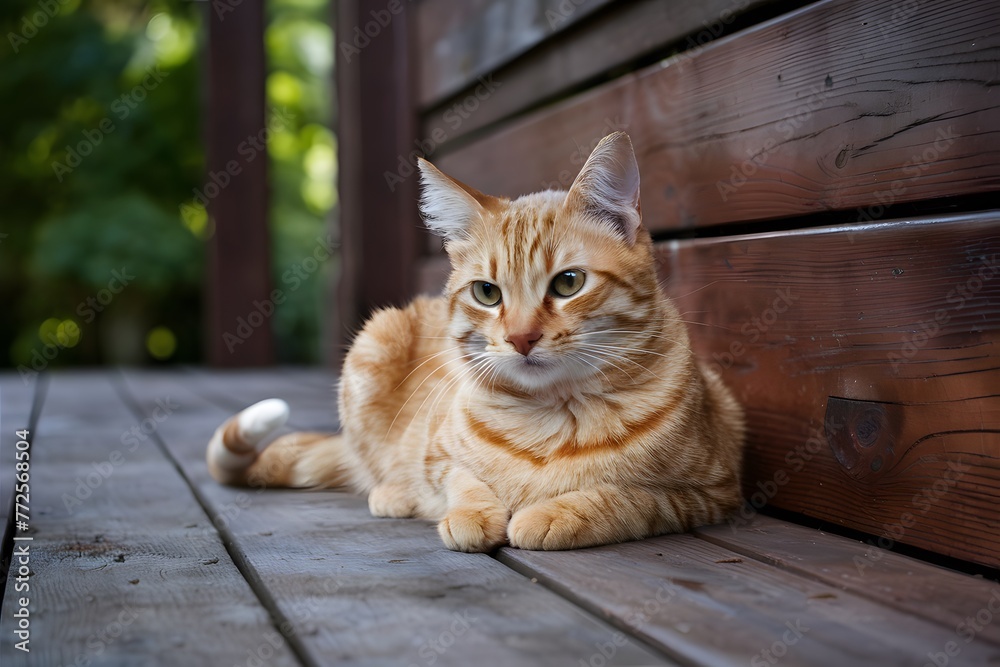 Ginger cat enjoys leisurely moment on wooden porch Ginger cat enjoys leisurely moment on wooden porch