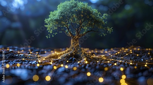 Clean graphic of a tree with roots and branches forming a business network, on an organic growth background, concept for natural expansion in business networks.