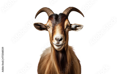 A goat with long, spiraling horns and a thick coat of flowing hair stands proudly