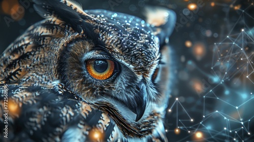 Clean graphic of an owl with digital eyes, on a wisdom and analytics background, concept for insightful data analysis in business strategy. photo