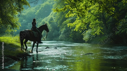 A woman riding a horse through green forest river copy space Generated AI image