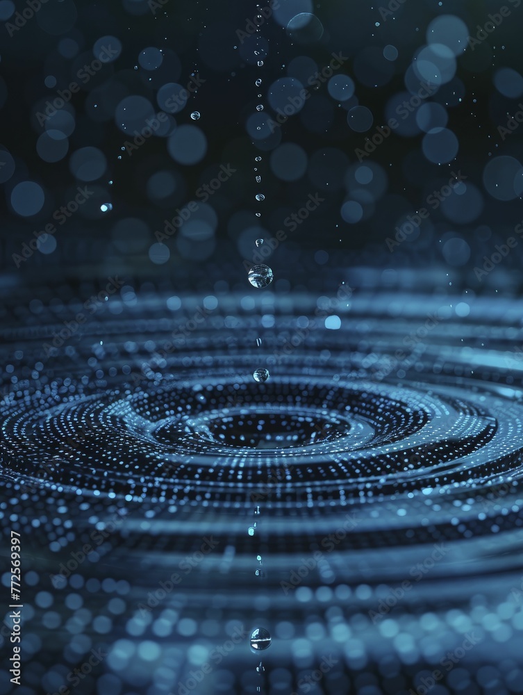 Minimalistic image of a raindrop impacting a pool of digital data, on an impact analysis background, concept for the impact of data on decision making. - obrazy, fototapety, plakaty 
