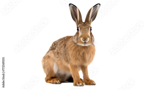 Brown rabbit peacefully seated on pristine white floor