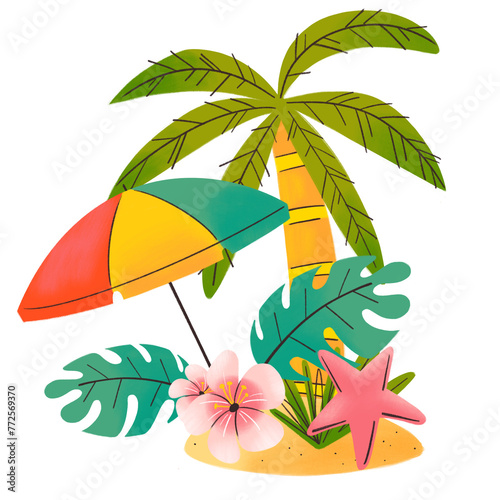 Ilustración de verano con palmera en la playa