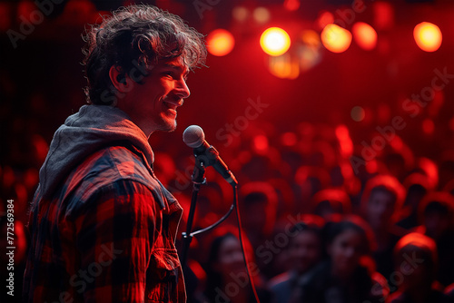 Comedian performing on stage, eliciting hearty laughter from the audience with their humorous jokes and antics