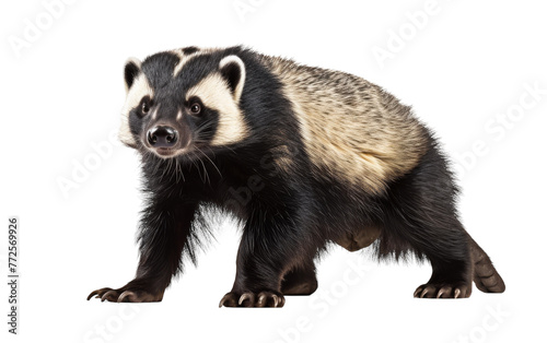 A majestic badger, black and white fur shining, stands proudly on a stark white background