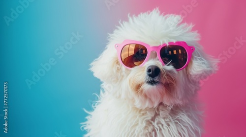 Funny white fluffy dog dressed in the style of a disco dancer © yganko