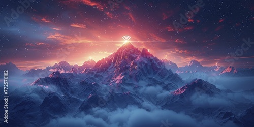 A modern depiction of a mountain peak adorned with Wi-Fi signals against a backdrop of remote connectivity, symbolizing digital access in remote business operations.