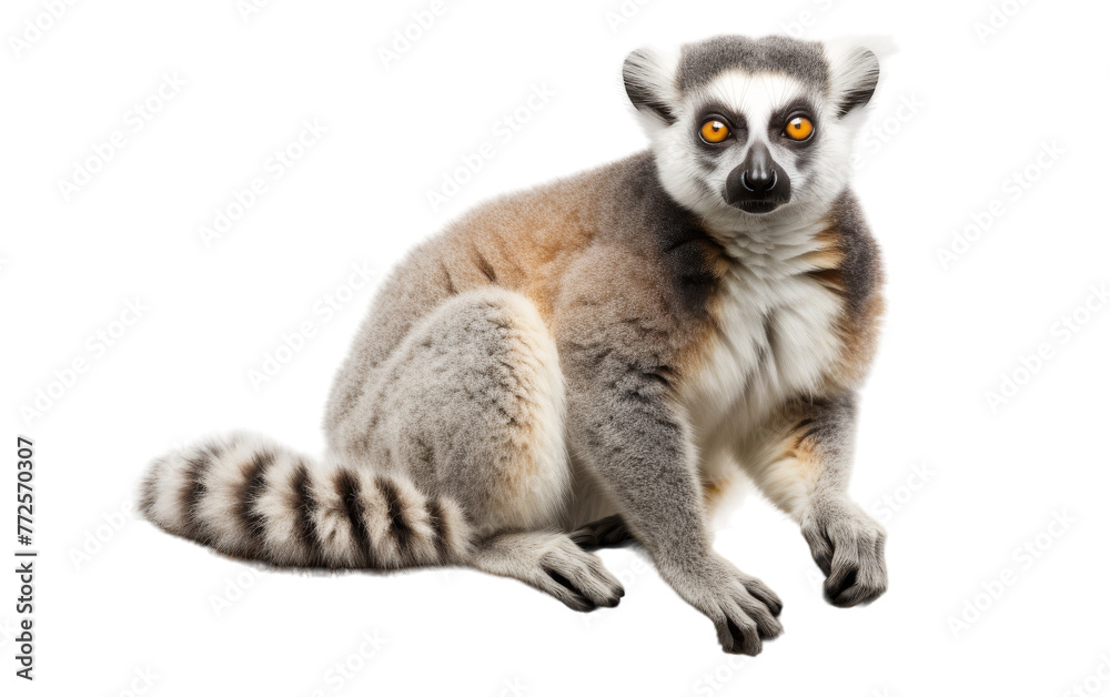 A lemura sitting on the ground, looking directly at the camera with curiosity and poise