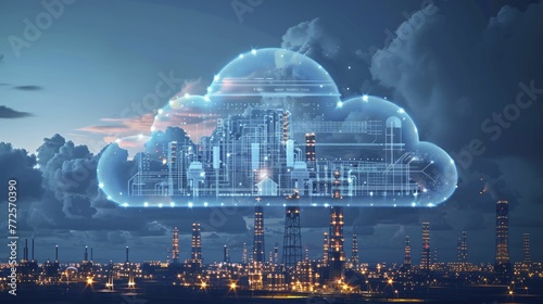 Stylized vector of a cloud forming the shape of a factory, on a cloud computing in manufacturing background, concept for the influence of cloud tech on production.