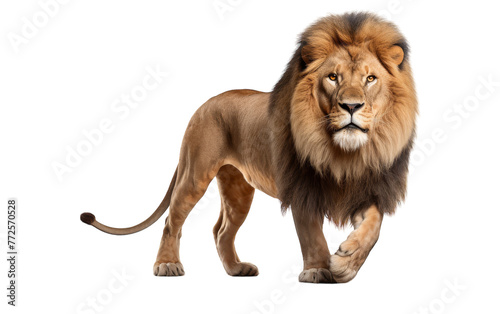 King of the jungle, a lion gracefully walks across a pristine white background