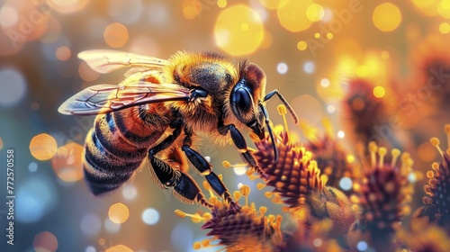 Stylized vector of a honeybee pollinating digital flowers, on a cross pollination background, concept for innovation through interdisciplinary collaboration.
