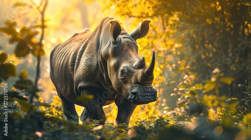 Animal wildlife photography rhino with natural sunny view background. AI generated image © atapdesain