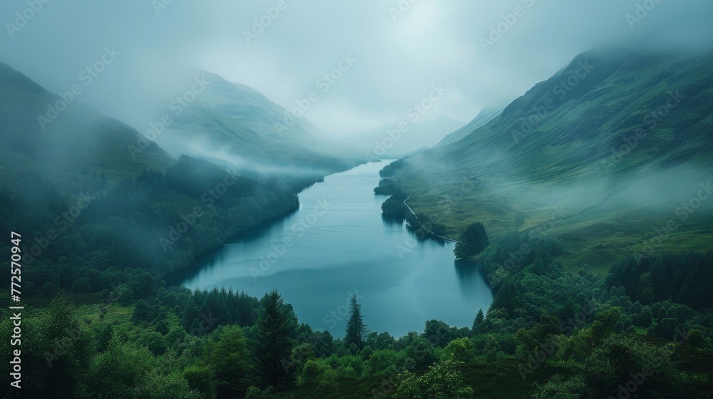 The rugged beauty of the Scottish Highlands, with mist-shrouded mountains and shimmering lochs stretching