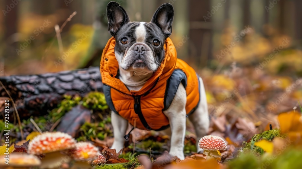 A small French Bulldog stands among the mushrooms in an orange jacket in the midst of a forest. The dog looks curious and alert as it explores the woodland floor full of colorful fungi.