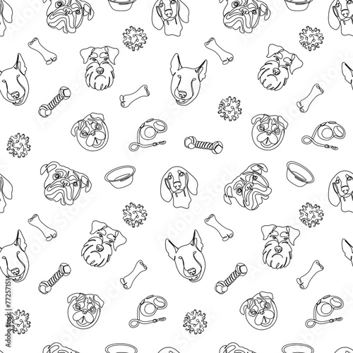 One continuous line drawing dogs with toys and accessories vector Image. Single line minimal style dog portrait. Black and white seamless pattern with cute dogs different breed.