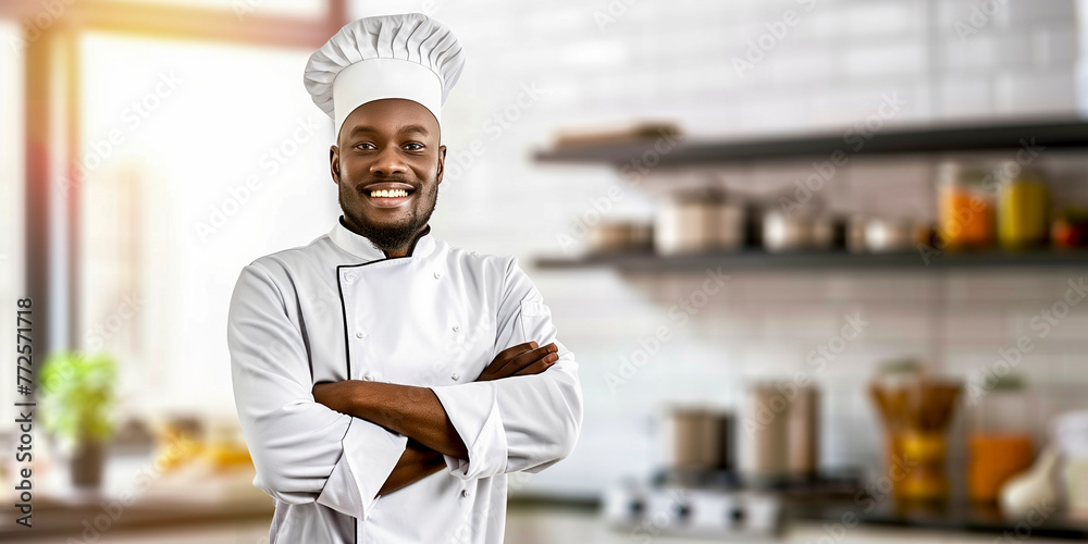 portrait of a young african american professional chef in his chef's jacket in the kitchen of a restaurant - restaurant business and professional chef concept
