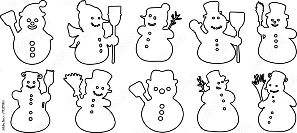 Snowman icon in line set. isolated on transparent background. cute snowman in various design with hat, tea cup, scarf and Christmas winter funny snow game, Cartoon object vector for apps and websit