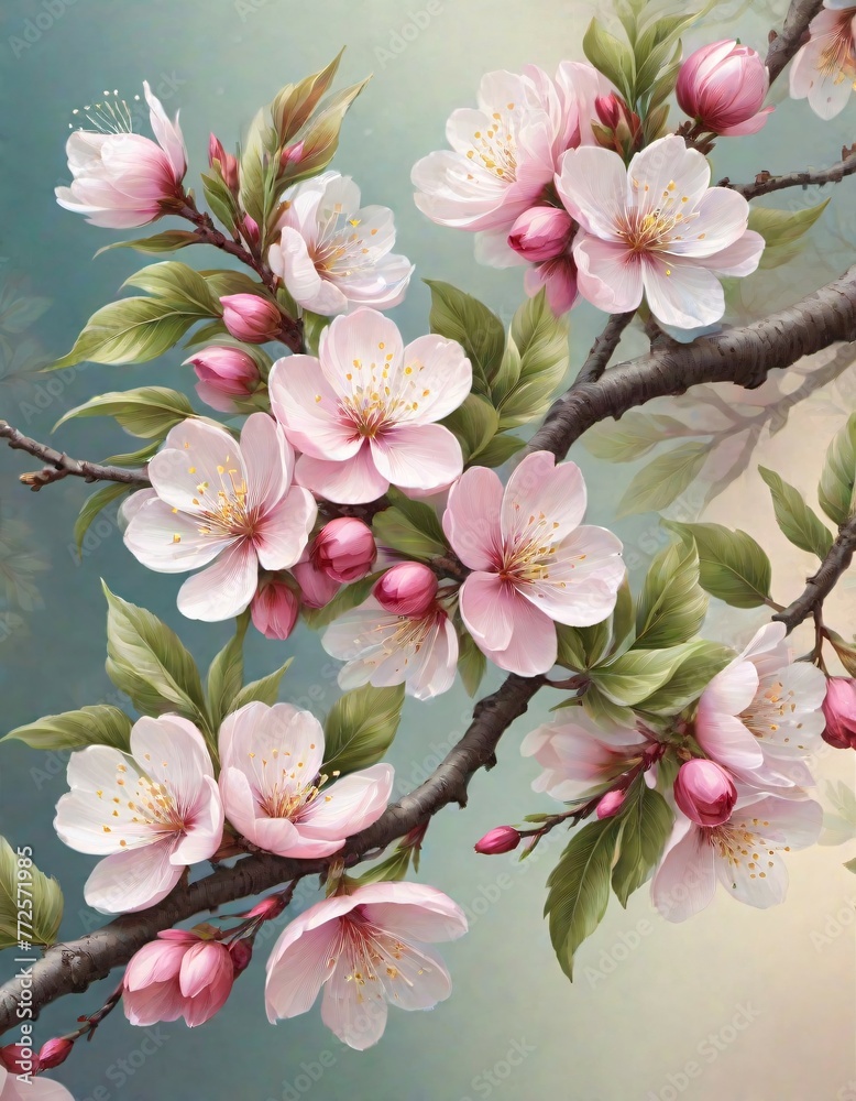 Beautiful Blossom of Tree Branch, Light Pink Flowers with Prominent Green Leaves Against Dark Green Background, Generative AI Beautiful Blossom of Tree Branch, Light Pink Flowers with Prominent Green Leaves Against Dark Green Background, Generative AI