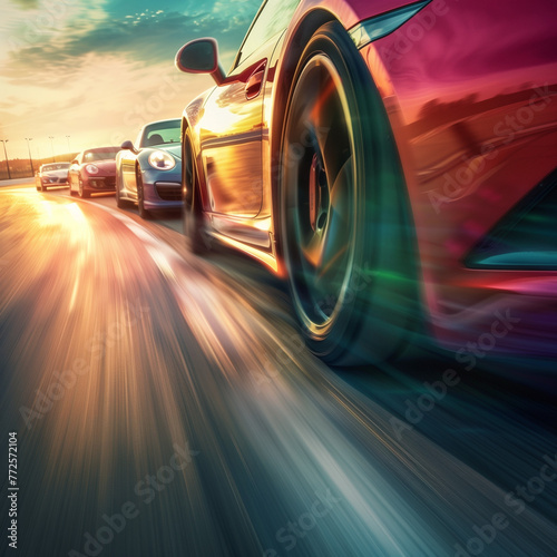 A sports car in a competition on a track, the competition takes place on the road - the car leads by a gap from the rest of its friends who are nervous about it he is happy, on the sides of the car th photo