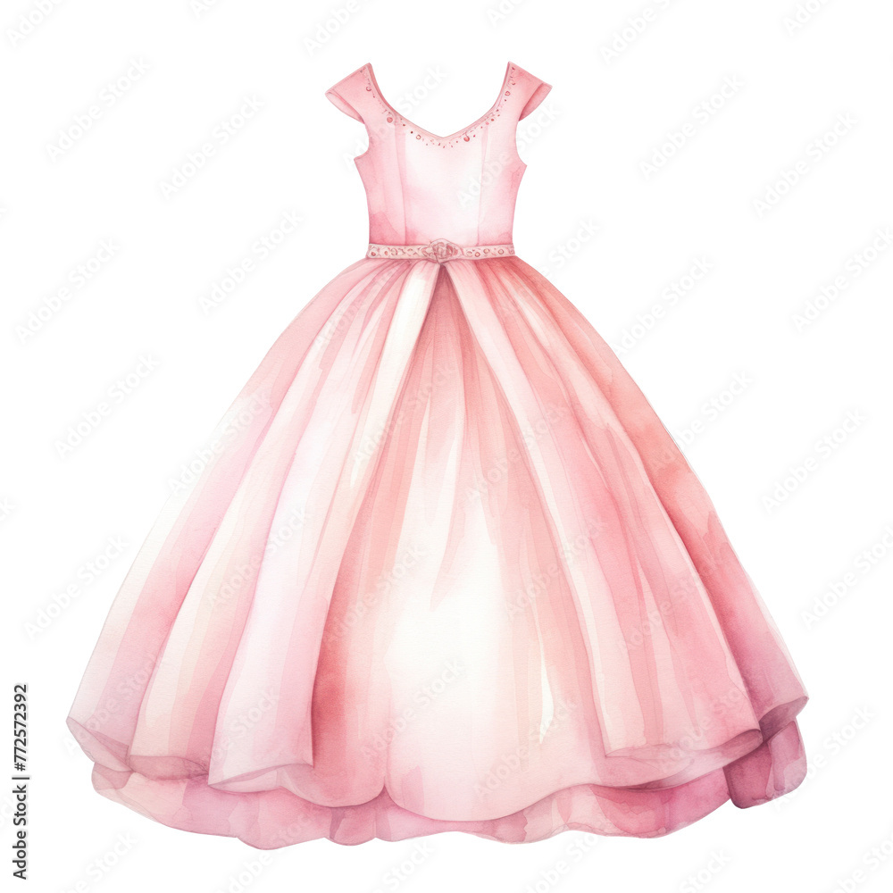 Naklejka premium Watercolor artwork of a flowing pink princess dress with a bow