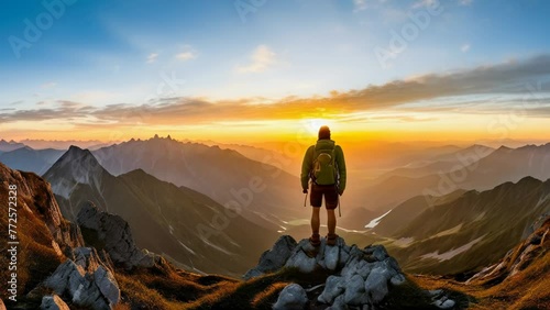 A climber stands on top of a mountain and admires the sunset, time-lapse photo