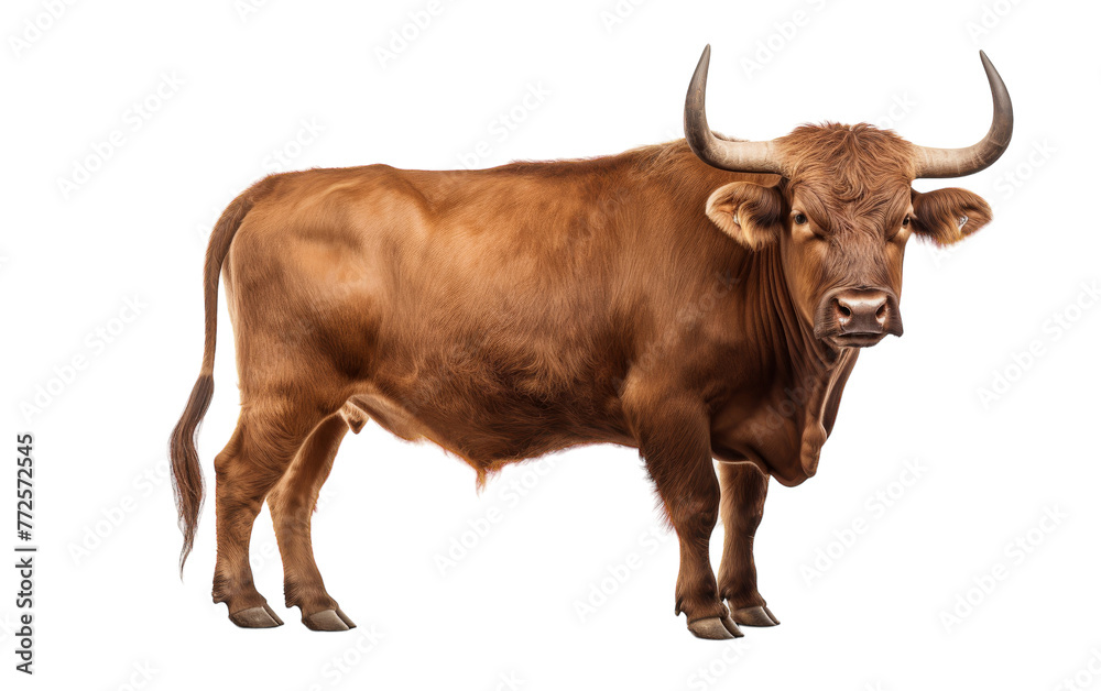 A powerful brown bull with large horns stands confidently against a plain white background