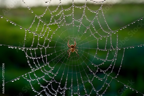 Photo Spooky spider web adorned with glistening dew drops captivates viewers