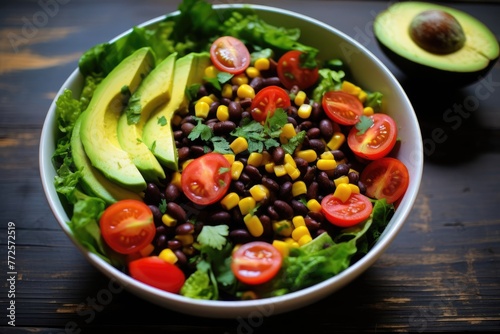 Sumptuous black bean salad with avocado-cilantro-lime dressing and fresh garden vegetables