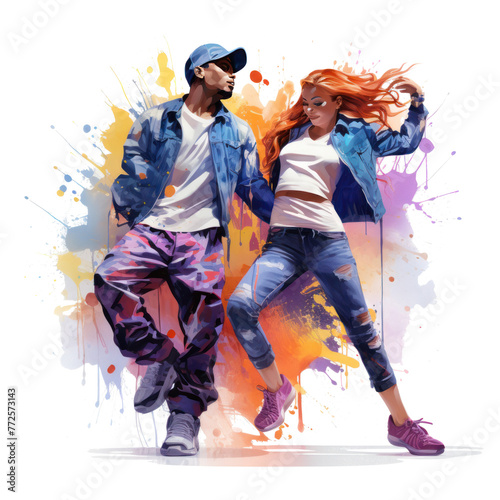 watercolor break dancing couple with colorful spots and splashes on white background