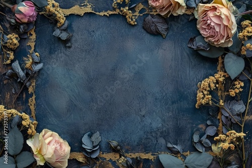 Gold and other roses and gilding on dark blue background. Top view. Flat-lay. Place for text. For posters, postcards, wallpaper banners, branding, backgrounds
