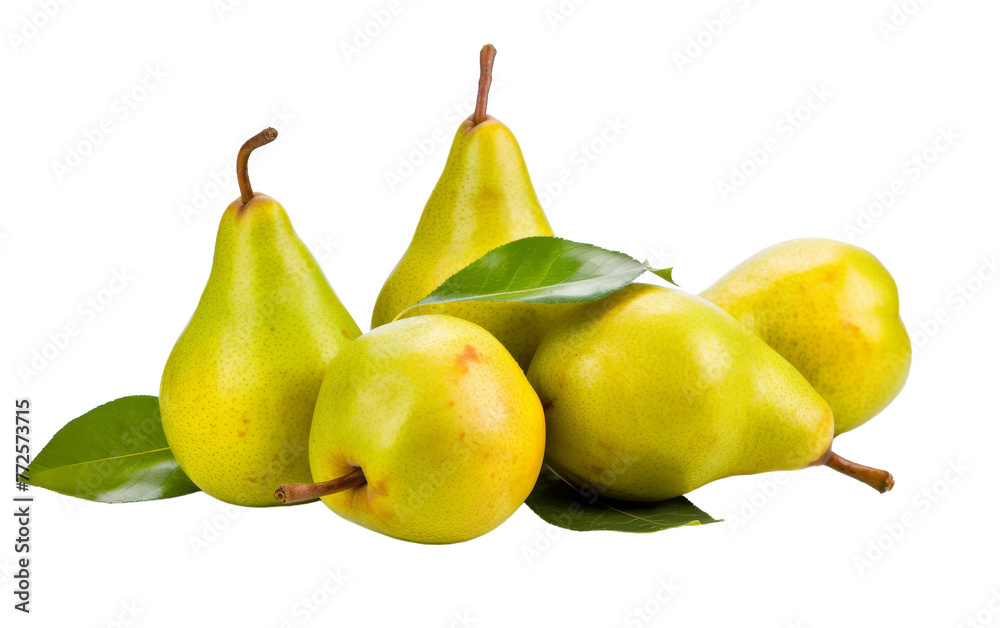 A group of fresh pears with leaves, elegantly arranged on a white background