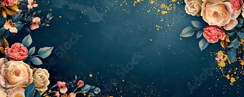 Gold and other roses and gilding on dark blue background. Top view. Flat-lay. Place for text. For posters, postcards, wallpaper banners, branding, backgrounds