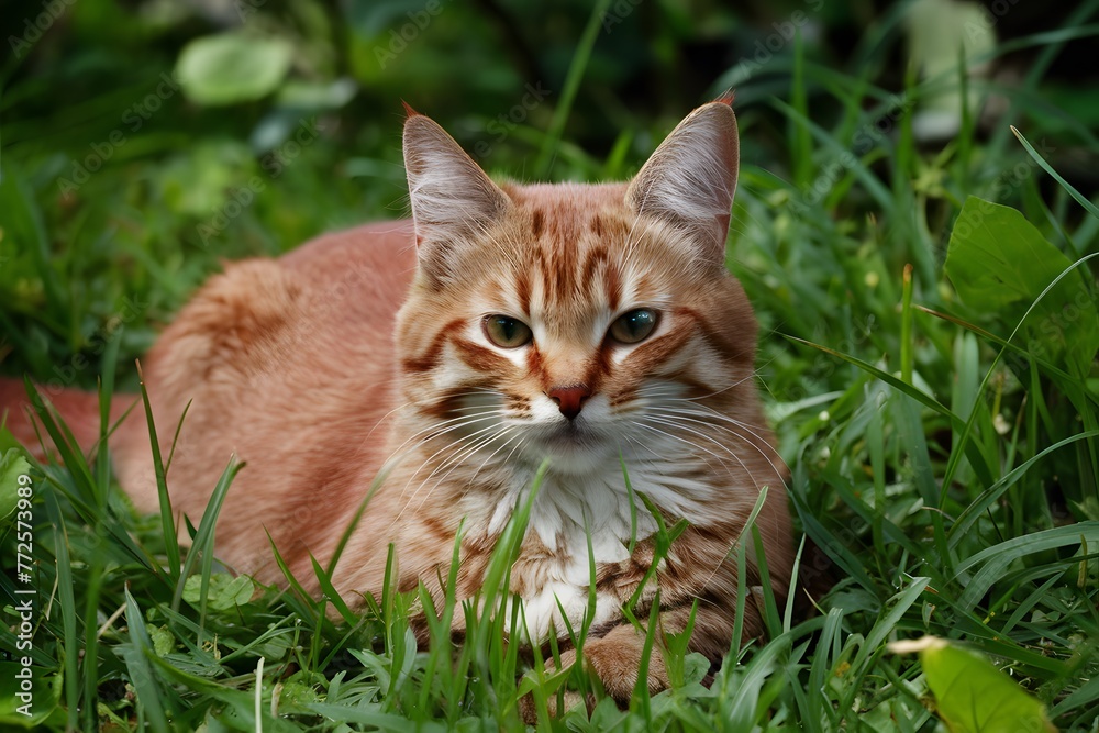 Red cat rests gracefully amidst lush green grassy surroundings Red cat rests gracefully amidst lush green grassy surroundings