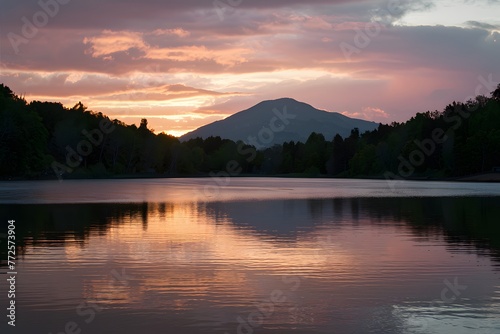 Radiant sunset casts hues of gold and pink over tranquil lake