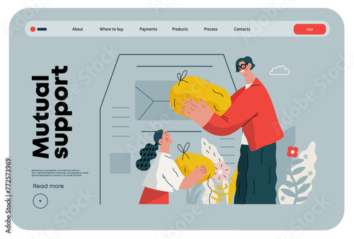 Mutual Support Giving clothes to donation bins -modern flat vector concept illustration of people placing bags of clothes into drop-off box A metaphor of voluntary, collaborative exchanges of resource
