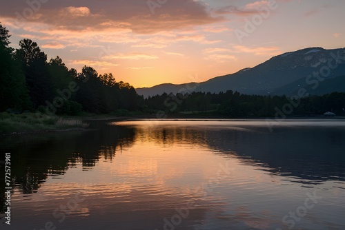 Radiant sunset casts hues of gold and pink over tranquil lake