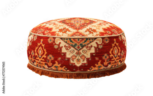 A red and white ottoman rests elegantly on a white floor