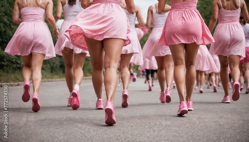 A group of girls are participating in the event, all dressed in pink shirts and pink sneakers, People are running.