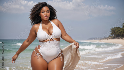 A black woman poses on a sandy beach wearing a white bikini. The clear blue sky and calm ocean waters create a serene backdrop.
