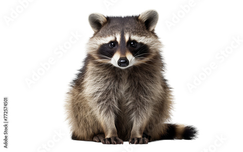A raccoon is sitting down and looking directly at the camera, appearing curious and alert