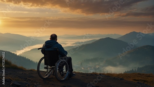 A disabled person in a wheelchair sits with his back against the backdrop of large mountains at sunset. Thinks about life. Colored silhouette. There is thick fog at the foot of the mountains.
