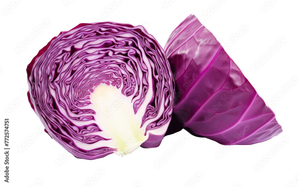 A vibrant red cabbage displayed artfully split in half against a clean white background A vibrant red cabbage displayed artfully split in half against a clean white background