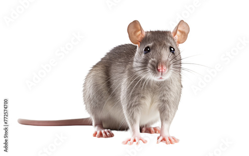 A gray rat peacefully sitting on top of a pristine white floor