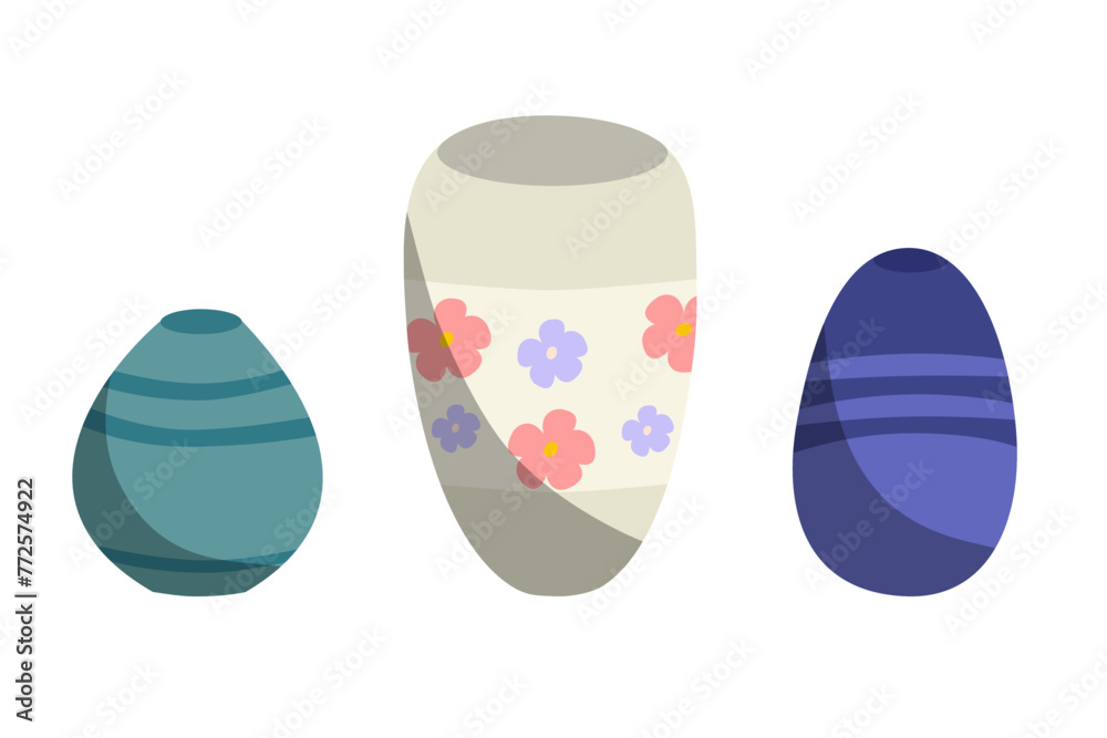 A set of various ceramic products, pottery. Pots and vases for flowers of various sizes and shapes. Interior items. Flat vector cartoon illustration isolated on a white background A set of various ceramic products, pottery. Pots and vases for flowers of various sizes and shapes. Interior items. Flat vector cartoon illustration isolated on a white background