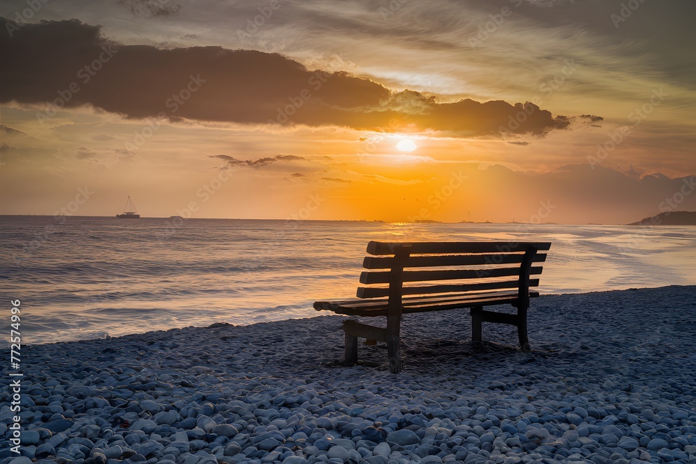 Seashore bench provides serene spot for rest and contemplation Seashore bench provides serene spot for rest and contemplation
